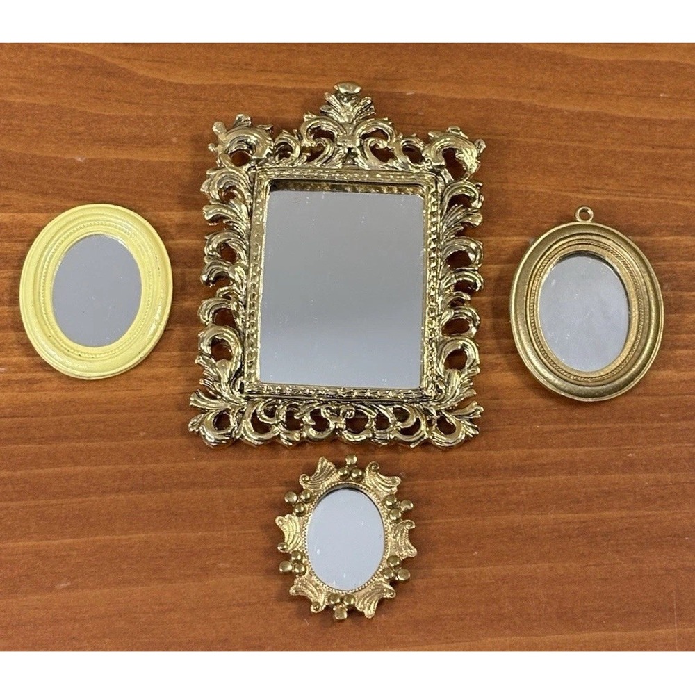 4 PC LOT Dollhouse Miniature Ornate METAL Mirrors NOS 1:12 1.25”-3.75”